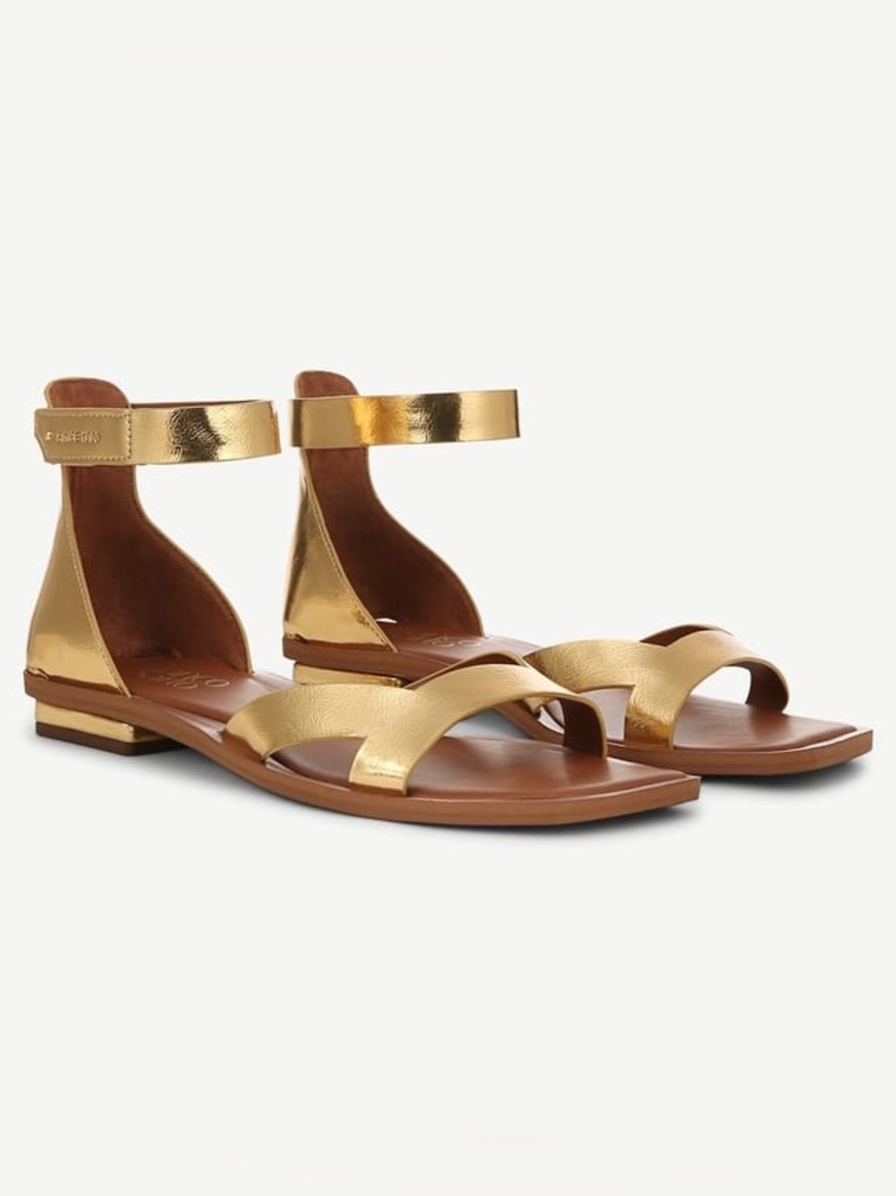 Franco Sarto Elisa Open Square Toe Ankle Strap Flat Sandal Gold Faux Leather 9.5